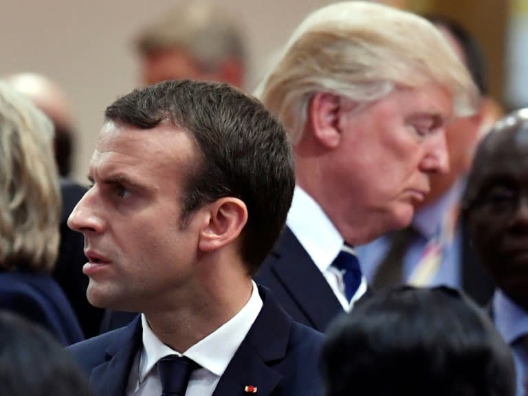 Macron (L) and other European leaders are trying to salvage a landmark 2015 accord to curb Tehran's nuclear programme, which Trump pulled the US out of last May