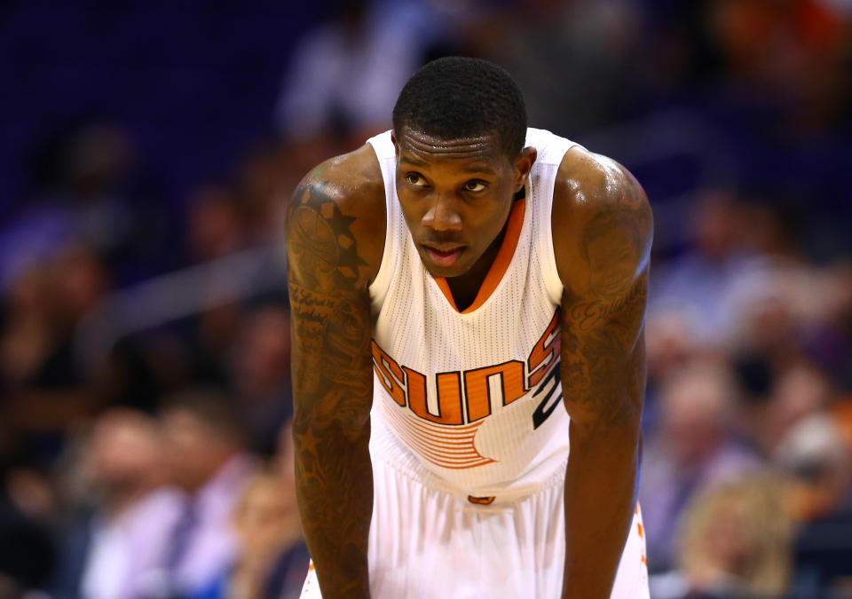 Nov 5, 2014; Phoenix, AZ, USA; Phoenix Suns guard Eric Bledsoe reacts in the fourth quarter against the Memphis Grizzlies at US Airways Center. The Grizzlies defeated the Suns 102-91. (Mark J. Rebilas-USA TODAY Sports )