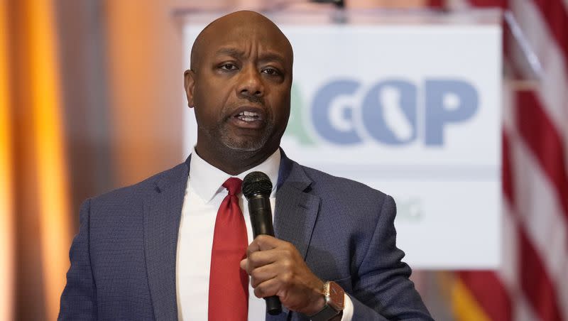 Sen. Tim Scott, R-S.C., speaks at the California Republican Party Convention on Friday, Sept. 29, 2023, in Anaheim, Calif.