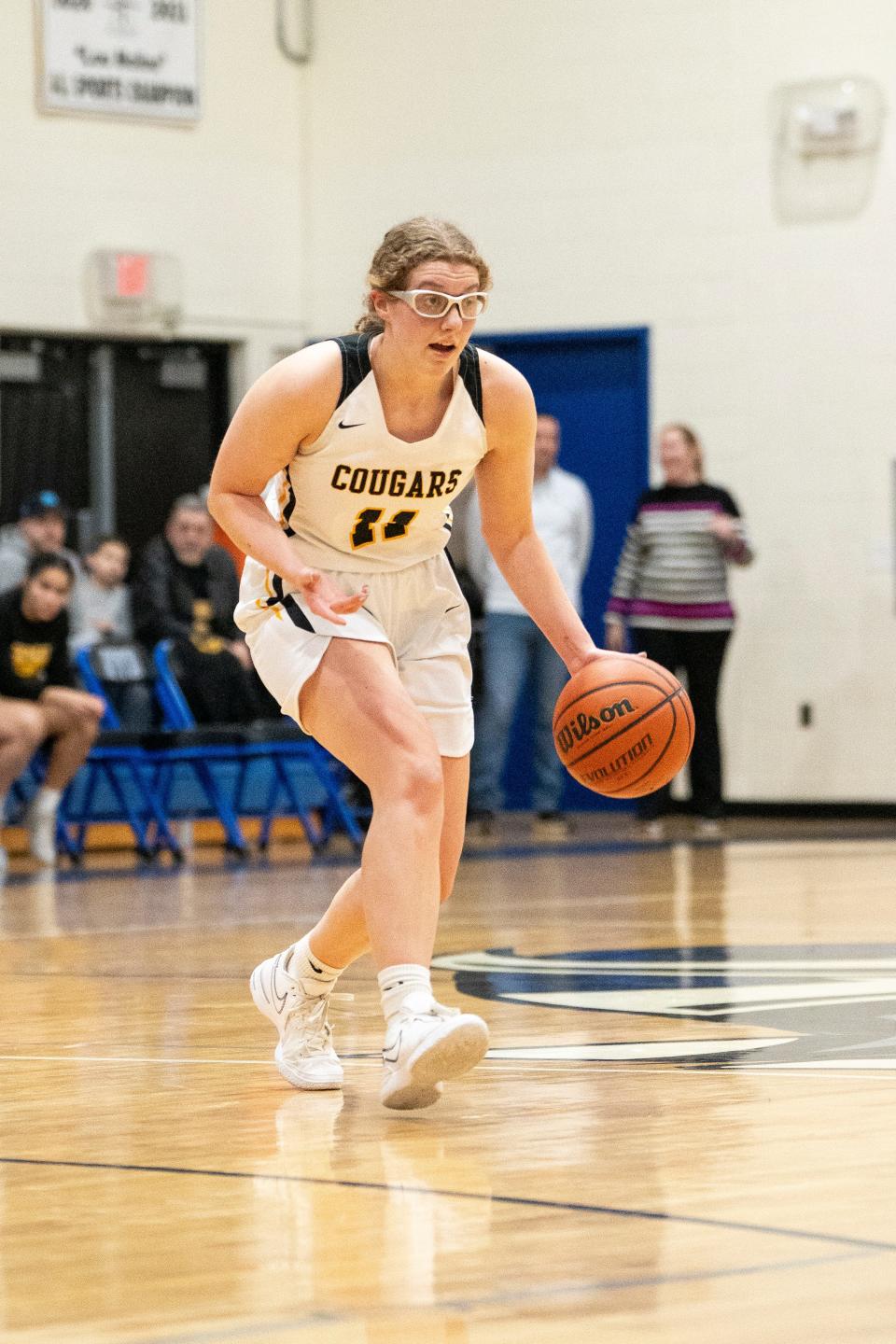 Feb 3, 2024; Demarest, NJ, USA; C #11 Julia Hasenstab with the ball. Old Tappan goes up against Cresskill in the girls basketball Bergen County Tournament quarterfinals at Northern Valley Regional High School on Saturday.