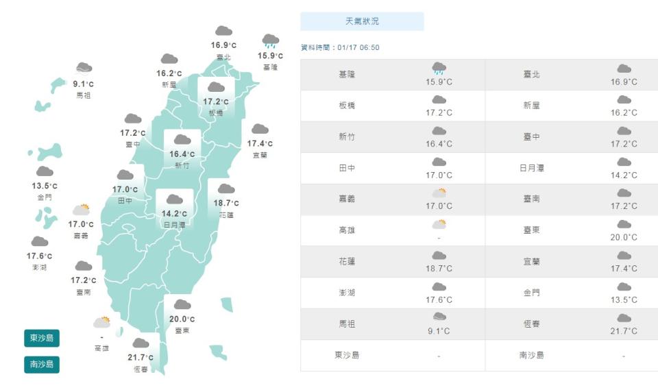 今天開始變天，北部與東北部將轉為濕涼天氣，各地清晨幾乎都是多雲，氣溫也偏低。   圖：翻攝自中央氣象局