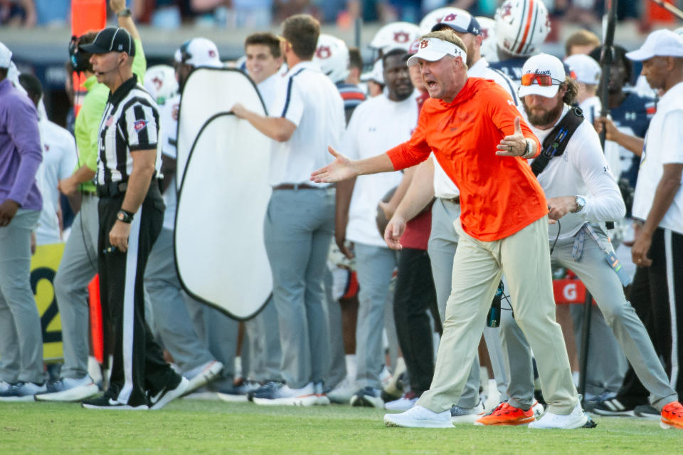 AUBURN, ALABAMA – SEPTEMBER 21: Head coach Hugh Freeze of the Auburn Tigers yells at a referee during the second half of their game against the Arkansas Razorbacks at Jordan-Hare Stadium on September 21, 2024 in Auburn, Alabama. (Photo by Michael Chang/Getty Images)