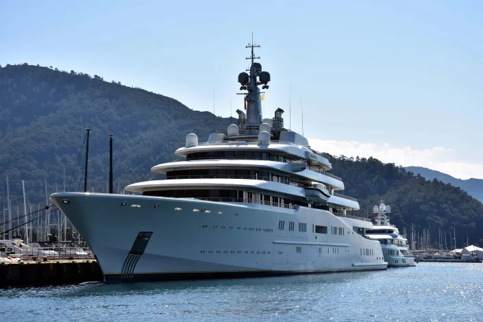 Eclipse, the private luxury yacht of Russian billionaire Roman Abramovich, anchors at Cruise Port in Marmaris district of Mugla, Turkiye on March 22, 2022.