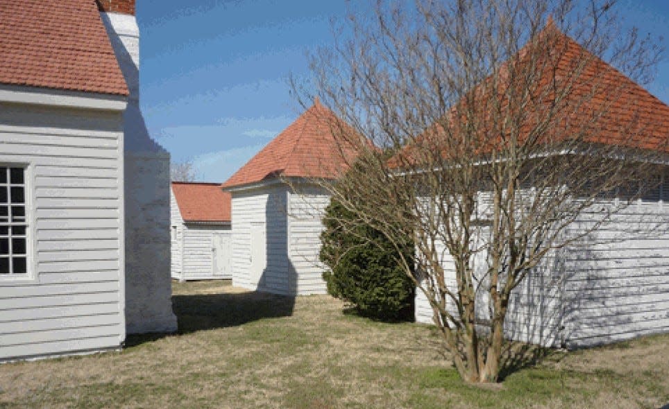 From left to right, outbuildings at historic Appomattox Plantation in Hopewell, Va. include the kitchen-laundry building, old smokehouse, new smokehouse and dairy.