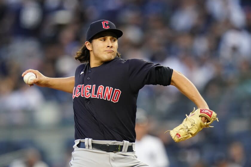 Cleveland Guardians' Eli Morgan pitches during the first inning of a baseball game against the New York Yankees.