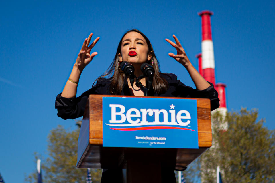 QUEENS, NEW YORK, UNITED STATES - 2019/10/19: At a campaign rally in Queens, New York, Rep. Alexandria Ocasio-Cortez (D-N.Y.) endorsed Sen. Bernie Sanders (I-Vt.) presidential bid.  The event dubbed "Bernie's Back Rally" comes as Sanders returns to campaigning after suffering a heart attack earlier this month. An estimated 26,000 people attended. (Photo by Michael Nigro/Pacific Press/LightRocket via Getty Images)