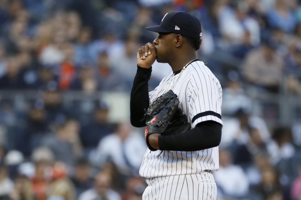 New York Yankees starting pitcher Luis Severino gets ready to throw against the Houston Astros during the first inning in Game 3 of baseball's American League Championship Series Tuesday, Oct. 15, 2019, in New York. (AP Photo/Matt Slocum)