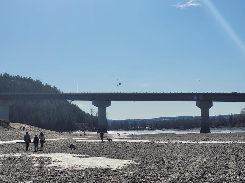 Temperatures were forecasted to reach up to 21 C in Prince George on Sunday, and many walked along the nearly empty Fraser/Nechako riverbed in the sunshine.