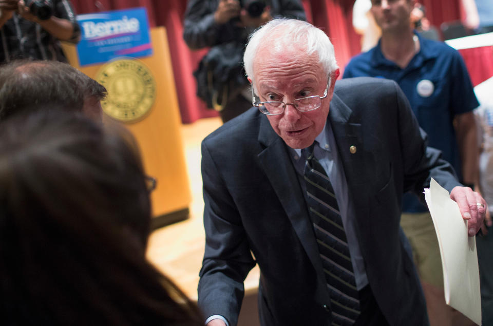 Sen. Bernie Sanders greets guests at a campaign event at Drake University on June 12, 2015 in Des Moines, Iowa. 