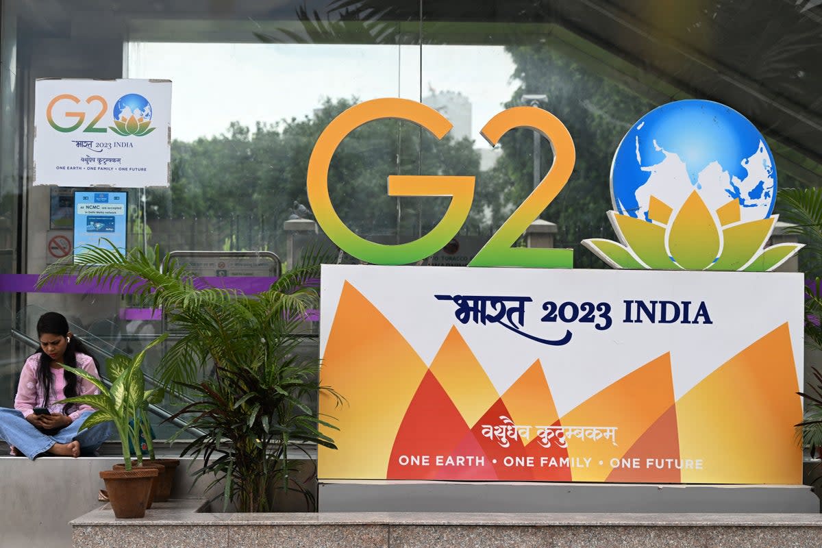 This year’s G20 logo is an image of a globe inside a lotus, using the colours of the Indian flag (AFP/Getty)