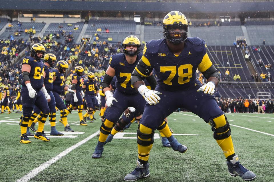 Michigan offensive lineman Myles Hinton (78) warms up before the Indiana game at Michigan Stadium in Ann Arbor on Saturday, Oct. 14, 2023.