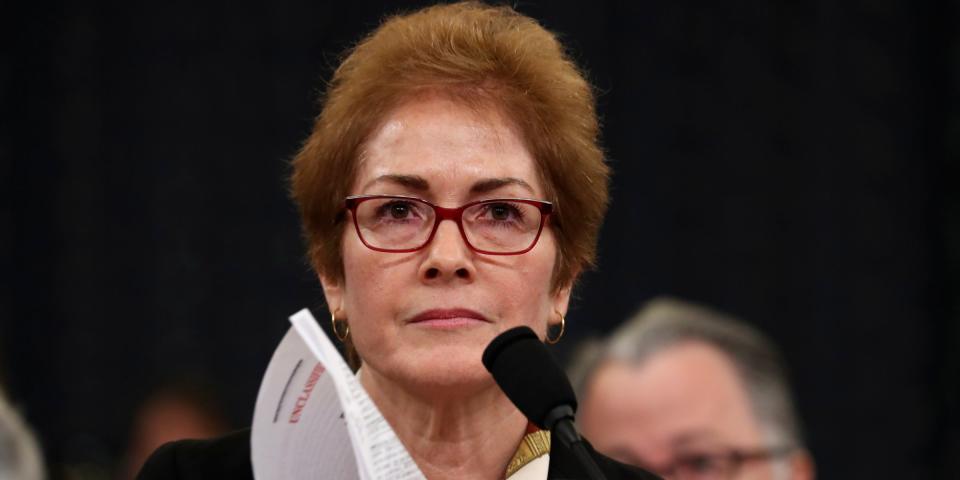 Former U.S. Ambassador to Ukraine Marie Yovanovitch testifies before the House Intelligence Committee on Capitol Hill in Washington, Friday, Nov. 15, 2019, during the second public impeachment hearing of President Donald Trump's efforts to tie U.S. aid for Ukraine to investigations of his political opponents. (AP Photo/Andrew Harnik)