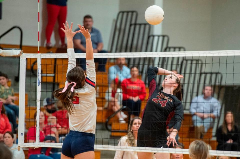 George County’s Carrington Broderick hits the ball over the net during the 6A South State Championship game at Hancock High School in Kiln on Monday, Oct. 16, 2023.