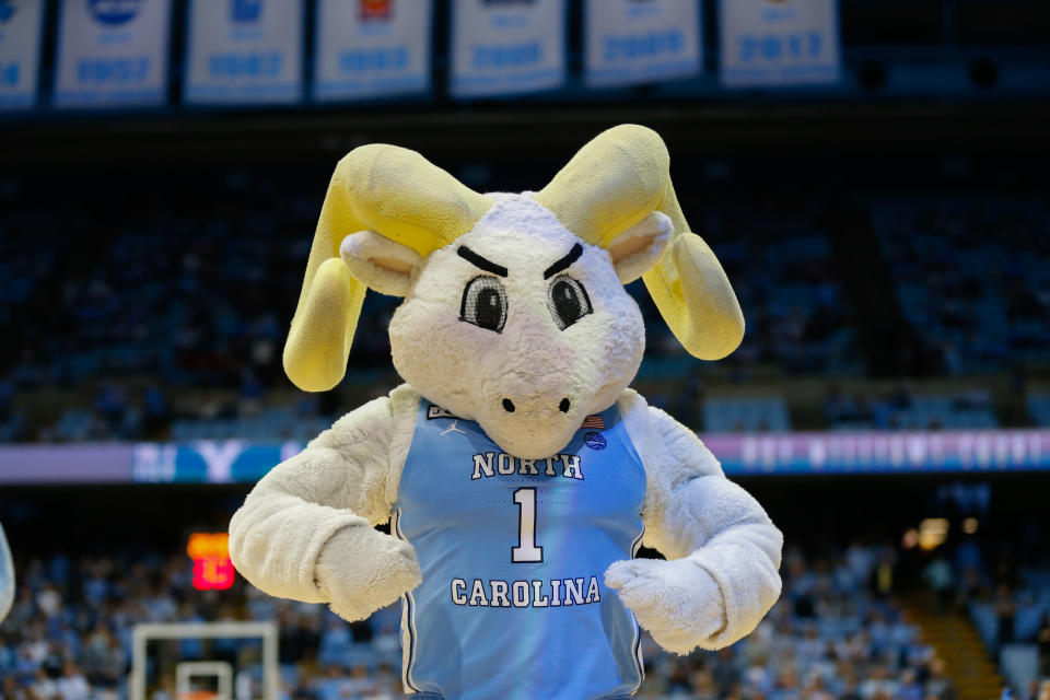 Dec 30, 2019; Chapel Hill, North Carolina, USA; Ramses the North Carolina Tar Heels mascot performs on the court before the North Carolina Tar Heels play the <a class="link " href="https://sports.yahoo.com/ncaaw/teams/yale/" data-i13n="sec:content-canvas;subsec:anchor_text;elm:context_link" data-ylk="slk:Yale Bulldogs;sec:content-canvas;subsec:anchor_text;elm:context_link;itc:0">Yale Bulldogs</a> at Dean E. Smith Center. Mandatory Credit: Nell Redmond-USA TODAY Sports