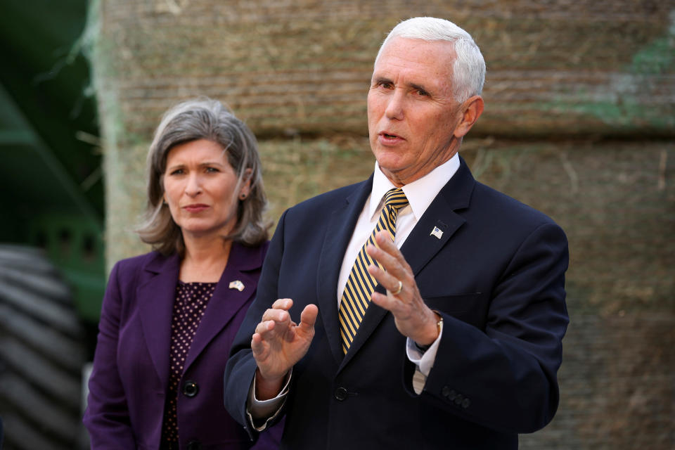 U.S. Vice President Mike Pence answers questions from the press about the whistleblower and President Trump's call with the president of Ukraine following his remarks on the United States, Mexico, Canada Agreement (USMCA) at Manning Farms in Waukee, Iowa, U.S., October 9, 2019.   (Photo: Brenna Norman/Reuters)