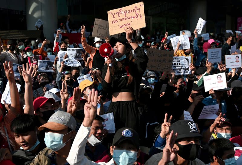 FILE PHOTO: Rally against military coup to demand release of elected leader Aung San Suu Kyi, in Yangon