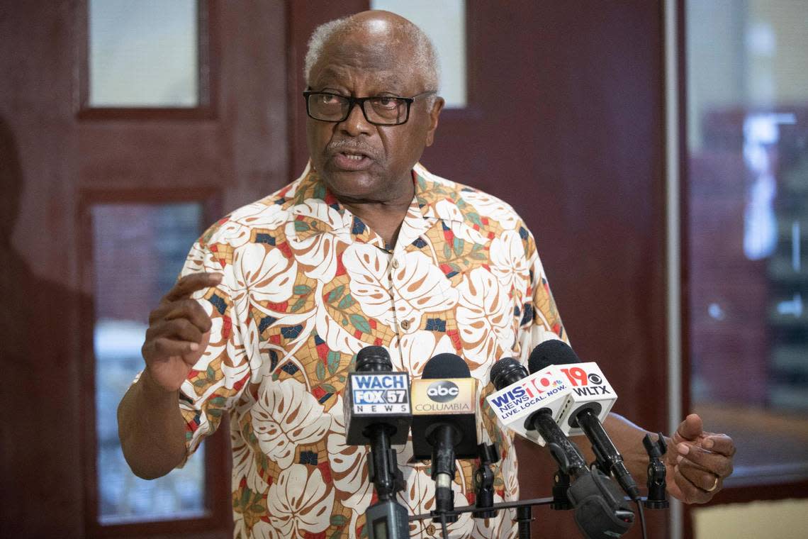 Congressman Jim Clyburn speaks to reporters at a get out the vote party at Greenview Park in Columbia, South Carolina on Saturday, June 11, 2022.