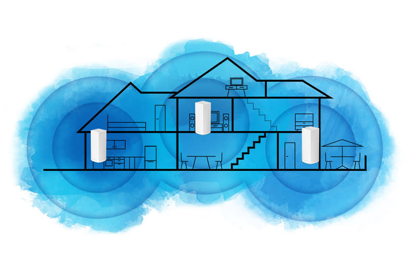 In a true mesh network, the left and right most nodes are able to relay information to each other through the node in the middle. (Image source: Linksys)