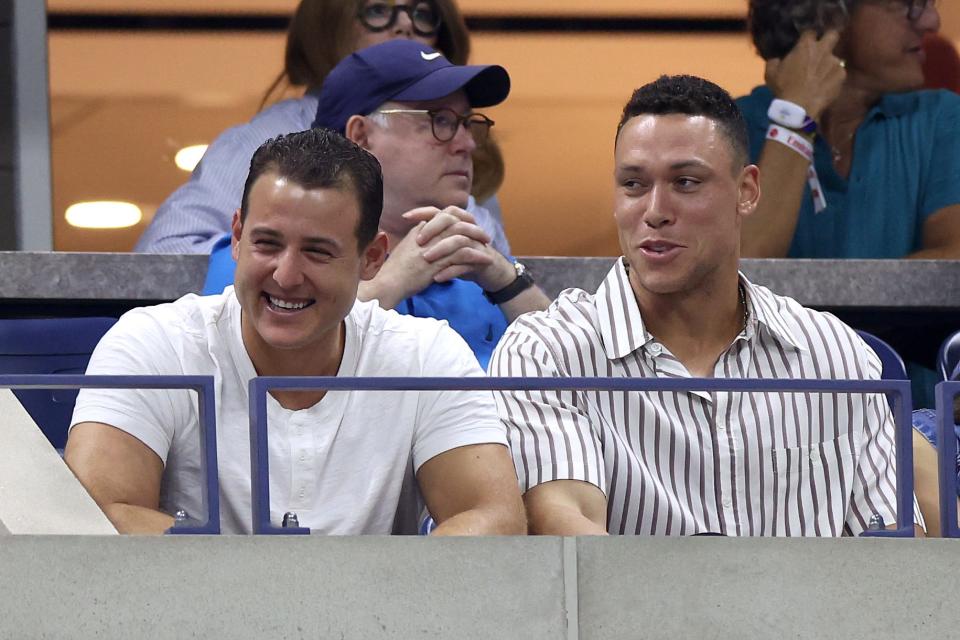 NEW YORK, NEW YORK - AUGUST 29: New York Yankees players Anthony Rizzo (L) and Aaron Judge look on during the Women's Singles Second Round match between Naomi Osaka of Japan and Karolina Muchova of Czech Republic on Day Four of the 2024 US Open at USTA Billie Jean King National Tennis Center on August 29, 2024 in the Flushing neighborhood of the Queens borough of New York City. (Photo by Luke Hales/Getty Images) ORG XMIT: 776152829 ORIG FILE ID: 2169361386