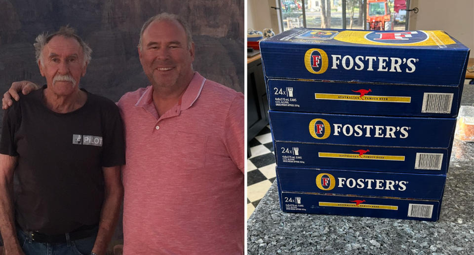 Left, Gordon Carlsen has his arm round friend Ken Bracken while standing at a lookout. Right, three crates of Foster's beer are stacked on a kitchen bench top.