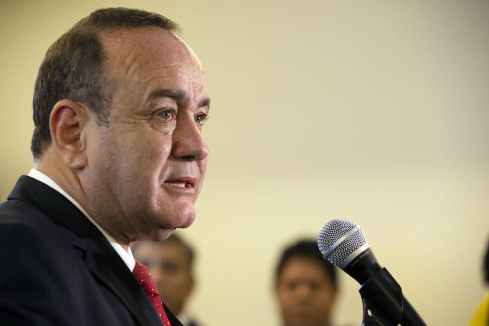 Alejandro Giammattei, presidential candidate of the Vamos Party, speaks at a news conference during general elections in Guatemala City, Sunday, June 16, 2019. Early results in the presidential election point to Sandra Torres, of the National Unity of Hope party, UNE, in the lead in a nation where tens of thousands have fled poverty and gang violence to seek a new life in the United States. (AP Photo/Moises Castillo)