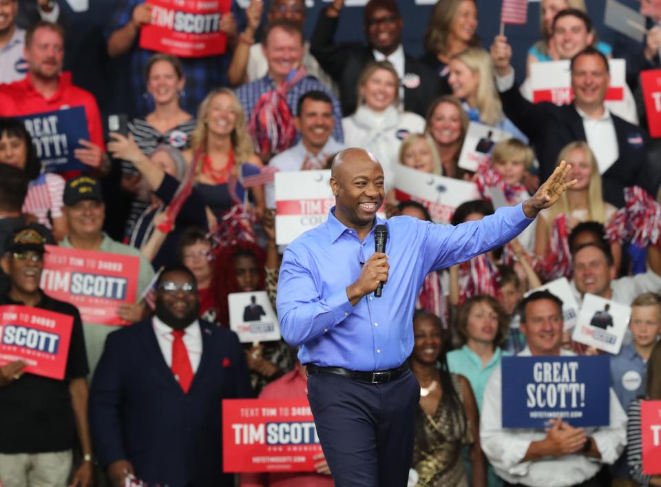 Sen. Tim Scott, R-S.C., announces the launch of his presidential campaign at Buccaneer Field House on the campus of Charleston Southern University in North Charleston, S.C. on Monday.