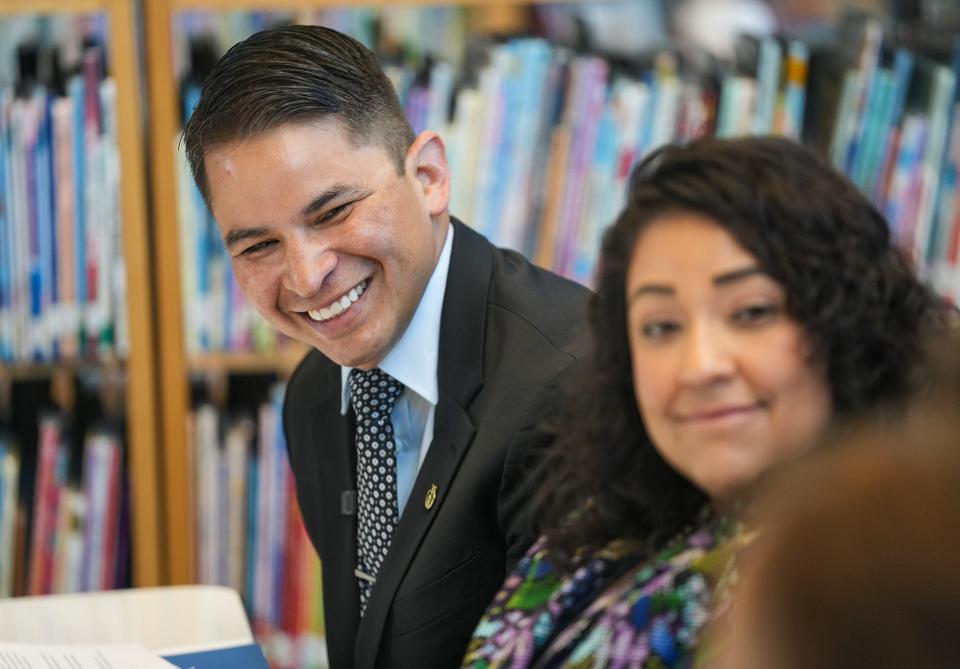 Austin district Superintendent Matias Segura and Deputy Secretary of Education Cindy Marten join a discussion Tuesday at Govalle Elementary School. Federal officials reviewed programs supported through COVID-19 relief dollars in a visit to Austin as part of a tour of similar projects at schools nationwide.