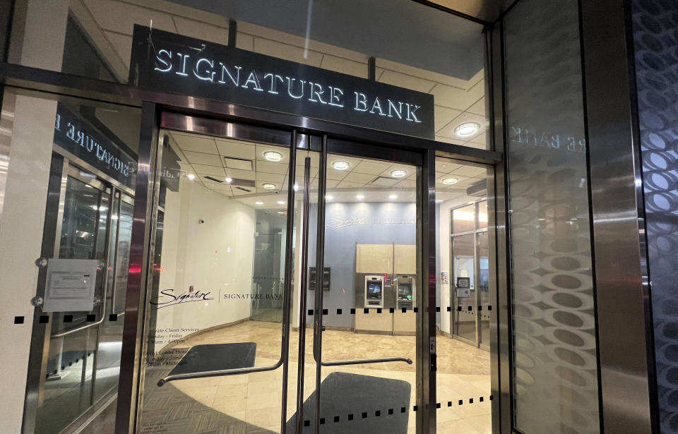 A branch of Signature Bank is photographed, late Sunday, March 12, 2023, in New York. Regulators announced that the New York-based bank had failed and was being seized. At more than $110 billion in assets, Signature Bank is the third-largest bank failure in U.S. history. Signature's failure comes just days after the failure of Silicon Valley Bank. (AP Photo/Bobby Caina Calvan)
