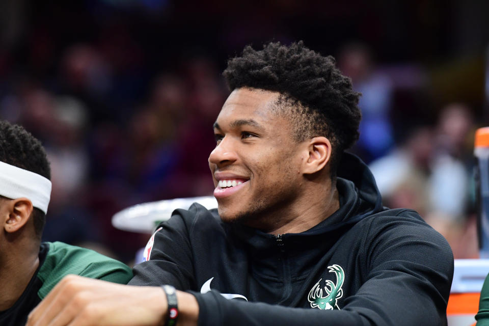 CLEVELAND, OHIO - MARCH 20: Giannis Antetokounmpo #34 of the Milwaukee Bucks watches from the bench against the Cleveland Cavaliers during the second half at Quicken Loans Arena on March 20, 2019 in Cleveland, Ohio. The Cavaliers defeated the Bucks 107-102. NOTE TO USER: User expressly acknowledges and agrees that, by downloading and or using this photograph, User is consenting to the terms and conditions of the Getty Images License Agreement. (Photo by Jason Miller/Getty Images)