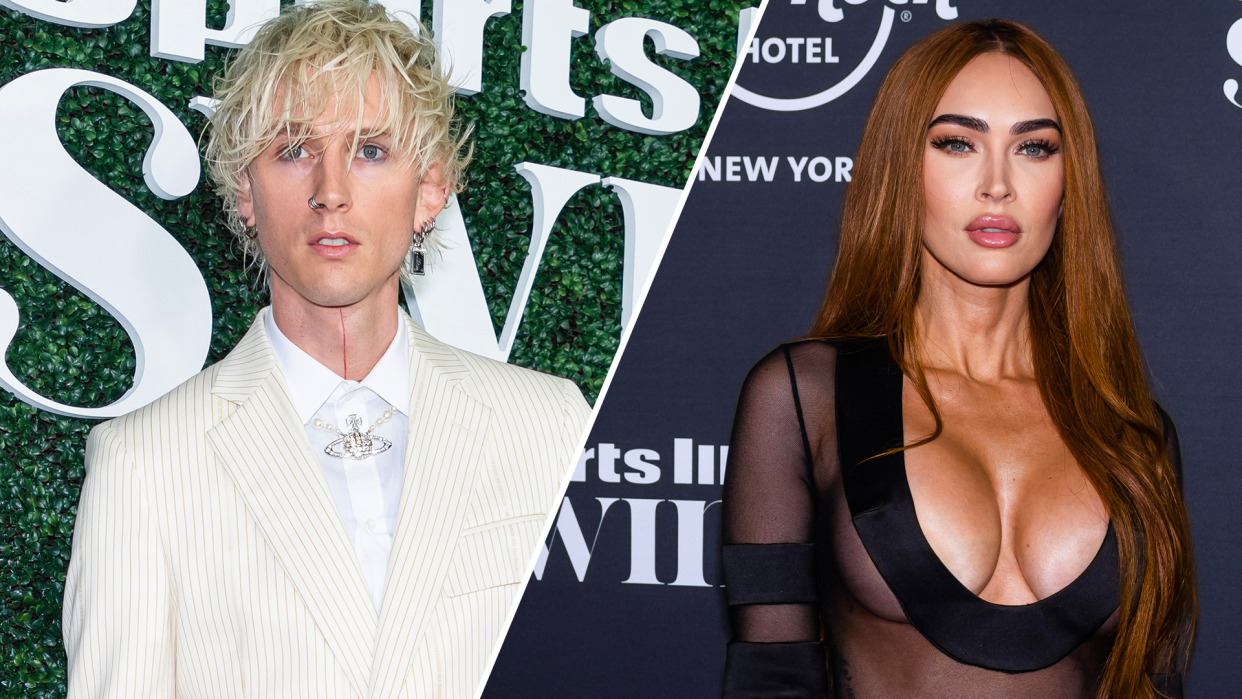 Machine Gun Kelly celebrates fiancée Megan Fox's Sports Illustrated cover. (Photos: FilmMagic)