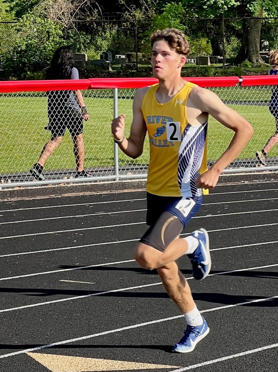 River Valley's Gabe Douce runs in the 800 meters at the Mid Ohio Athletic Conference meet last season. He started his senior season of boys track with a win in the 800 at Colonel Crawford over the weekend.