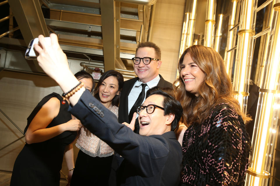 Michelle Yeoh, Brendan Fraser, Ke Huy Quan and Roberta Armani at the Armani Oscars event on March 11, 2023 at the Giorgio Armani store in Los Angeles.
