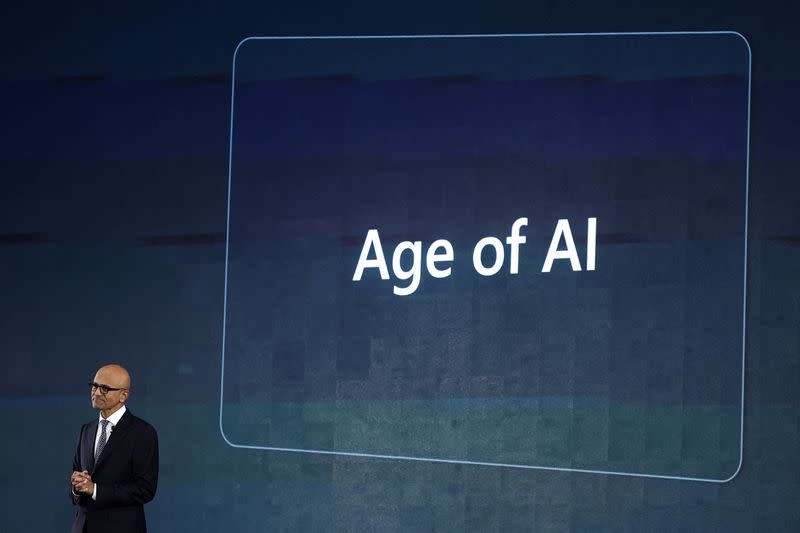 Microsoft CEO Satya Nadella speaks during the "Microsoft Build : AI Day" event in Bangkok