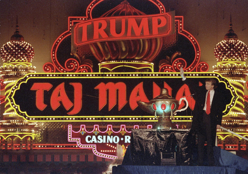 Trump in front of the Trump Taj Mahal in new Jersey in 1990. (AP)