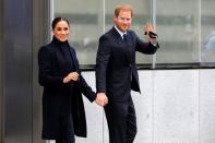 Britain's Prince Harry and Meghan, Duke and Duchess of Sussex, visit the 9/11 Memorial in Manhattan, New York City