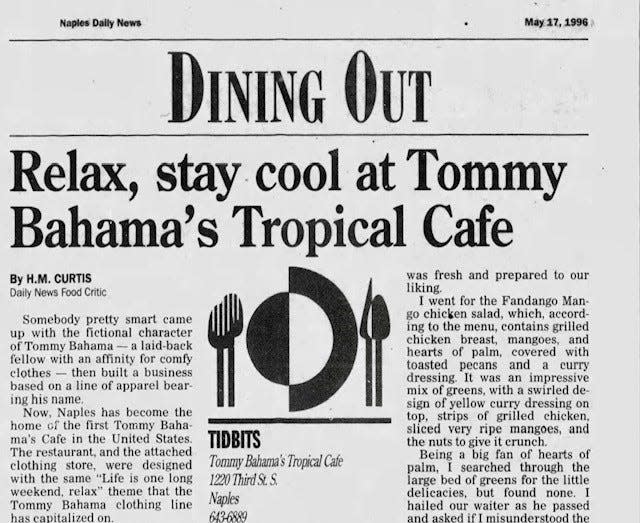 A Naples Daily News dining review of Tommy Bahama in Naples from 1996.