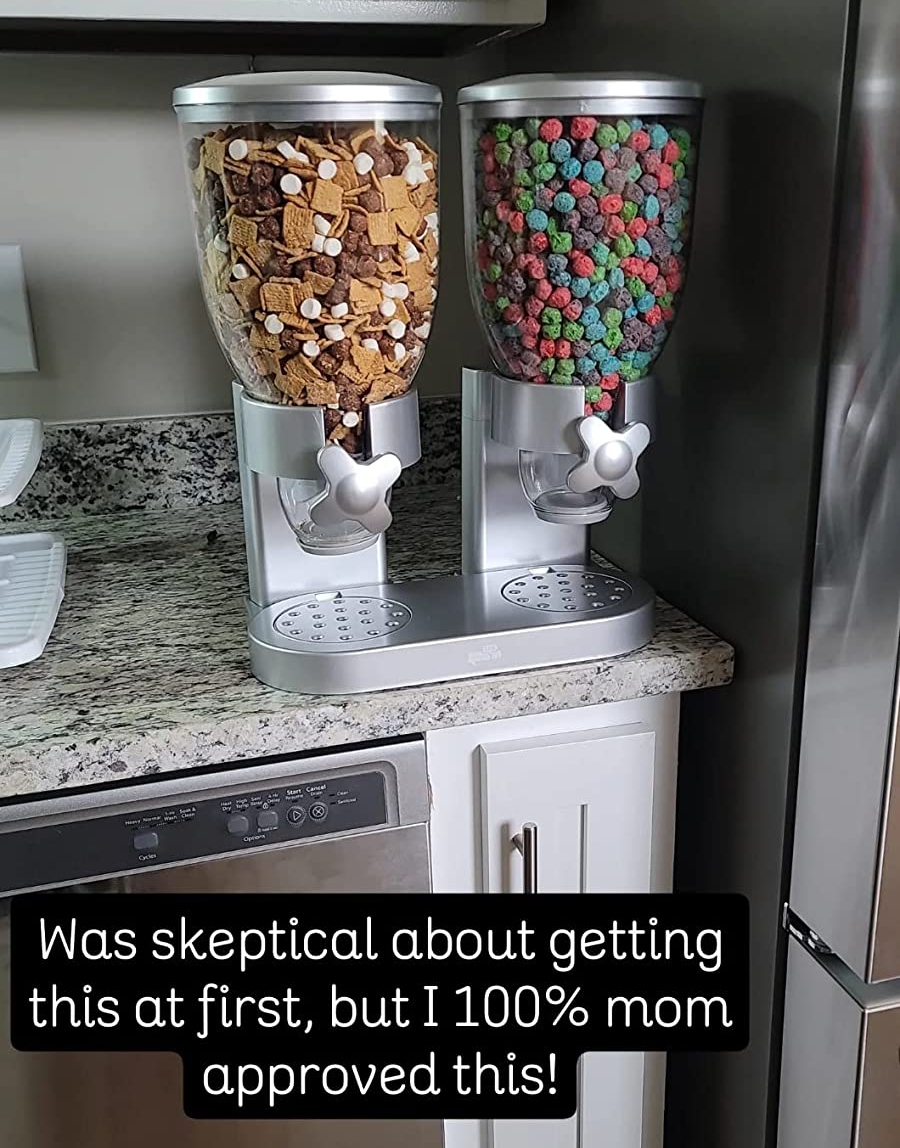 reviewer photo of cereal in the dispensers with text 