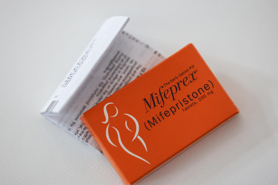 A pack of Mifeprex pills, used to terminate early pregnancies, is displayed in this picture illustration taken May 11, 2022. REUTERS/Caitlin Ochs/Illustration