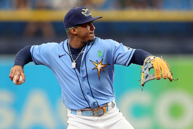 A detail of the necklace worn by Wander Franco of the Tampa Bay Rays  News Photo - Getty Images