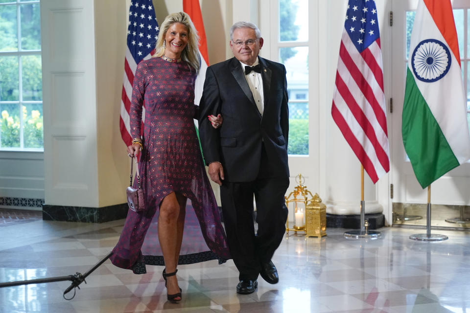 FILE - Sen. Bob Menendez, D-N.J., and his wife Nadine Menendez arrive for the State Dinner with President Joe Biden and India's Prime Minister Narendra Modi at the White House, June 22, 2023, in Washington. Sen. Bob Menendez and his wife were indicted Friday, Sept. 22, on bribery charges. (AP Photo/Jacquelyn Martin, File)