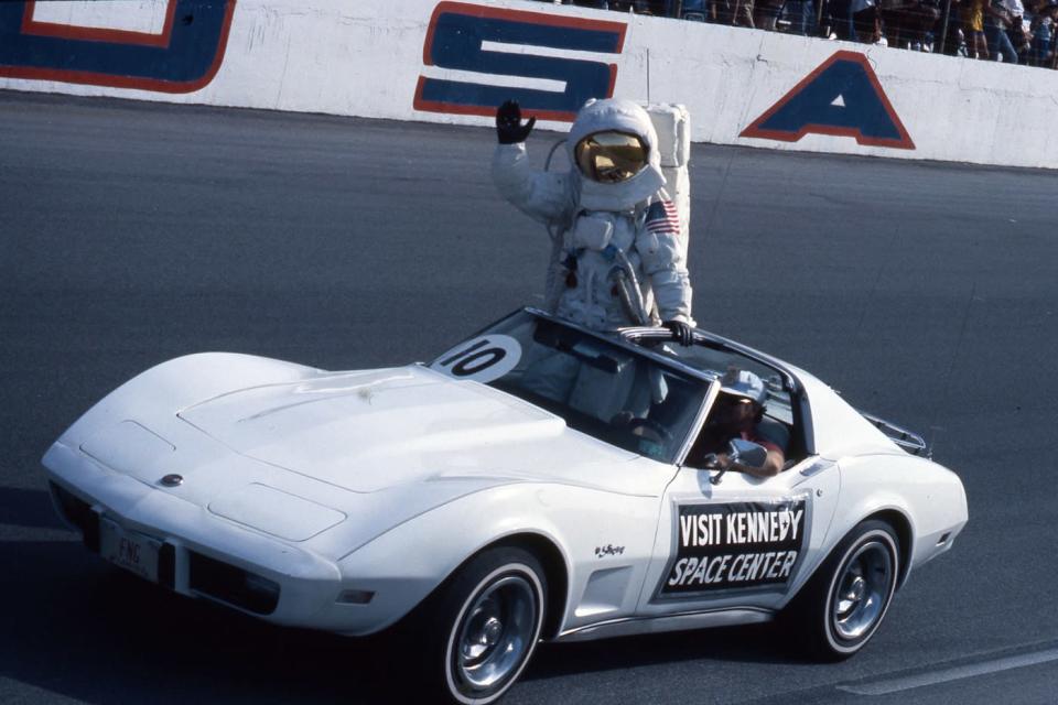 A Chevrolet Corvette carrying a NASA “Astronaut” is part of the pre-race festivities at Daytona International Speedway, giving a plug to the Kennedy Space Center attraction. (Photo: ISC Images & Archives via Getty Images