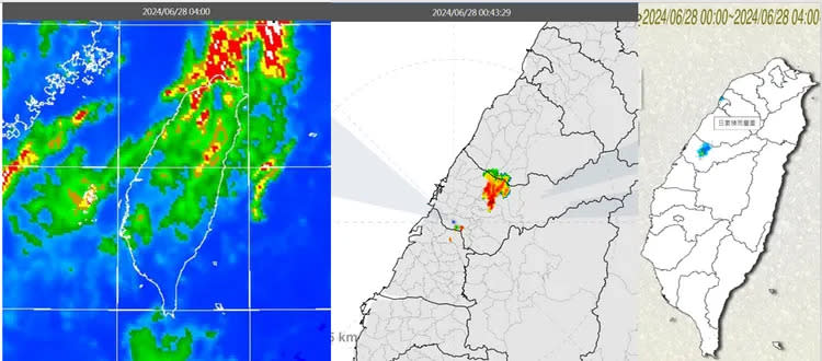 今（28）日清晨4時紅外線色調強化雲圖顯示，台灣大致晴朗，中部以北有稀薄的中高雲（左）；凌晨0時41分南屯雷達回波圖顯示，台中有小對流胞生成、伴隨降水回波（中）；凌晨4時累積雨量圖顯示，台中有少量降雨（右）。氣象應用推廣基金會