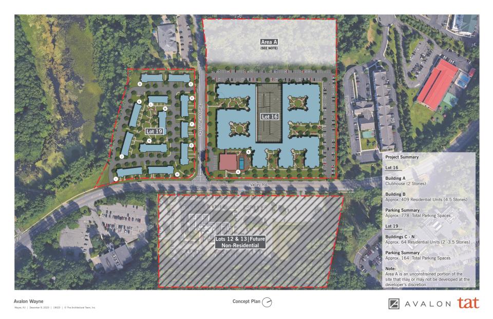 Conceptual plan for redevelopment of bank headquarters, a 473-unit housing complex proposed for construction on Valley Road.