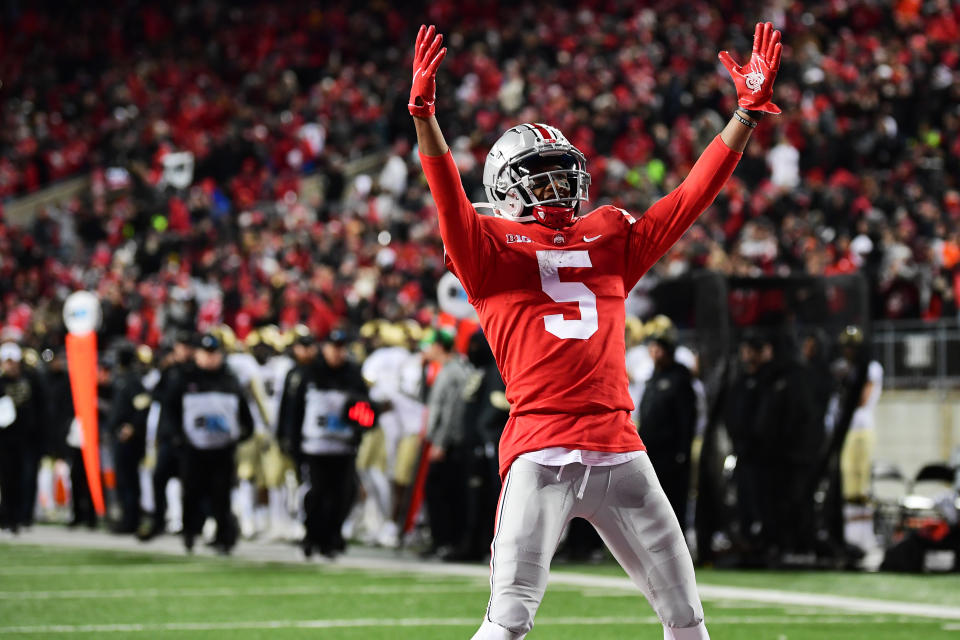 Ohio State WR Garrett Wilson celebrates a touchdown against Purdue in 2021. (Photo by Emilee Chinn/Getty Images)