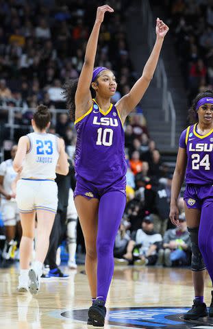 <p>Andy Lyons/Getty</p> Angel Reese #10 of the LSU Tigers reacts in a game against the UCLA Bruins during the second half in the Sweet 16 round of the NCAA Women's Basketball Tournament at MVP Arena on March 30, 2024