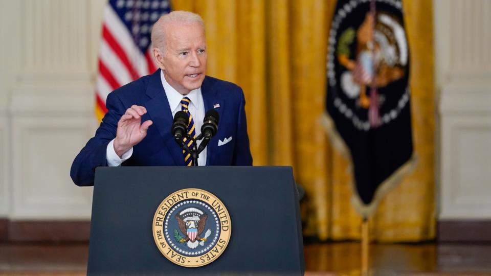 President Joe Biden speaks during a news conference in the East Room of the White House in Washington, Wednesday, Jan. 19, 2022.