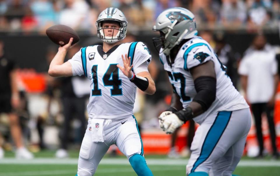 Panthers quarterback Sam Darnold looks to throw a pass during the game against the Saints at Bank of America Stadium on Sunday, September 19, 2021 in Charlotte, NC. Darnold threw for 305 yards and two touchdowns to help the Panthers defeat the Saints 26-7.