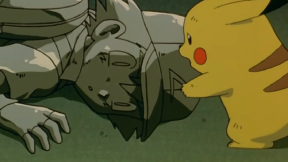 Pikachu trying to wake up Ash in Pokemon: The First Movie.