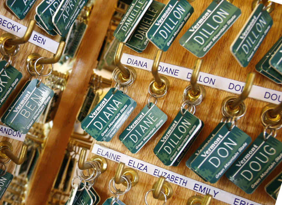 FILE - In this May, 2008 file photo, luggage tags with children's names are displayed in East Montpelier, Vt. Jacob and Sophia top the list of most popular baby names again. It's Jacob's 14th straight year at the top and the second year in a row for Sophia. (AP Photo/Toby Talbot)