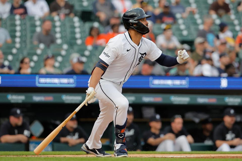 Detroit Tigers outfielder Riley Greene (31) hits an RBI single in the second inning against the Miami Marlins at Comerica Park in Detroit on Monday, May 13, 2024.